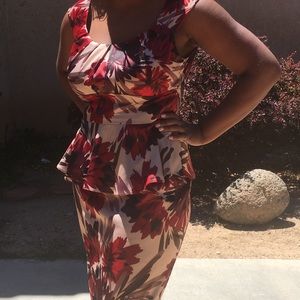 Red/beige/multi Abstract Floral Peplum Dress